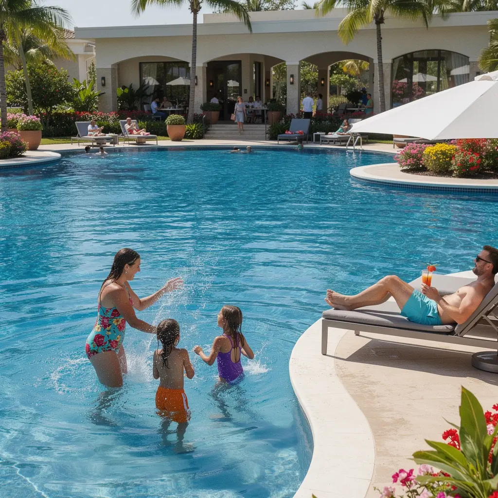 Современный дом с видом на бассейн и зоной для отдыха.