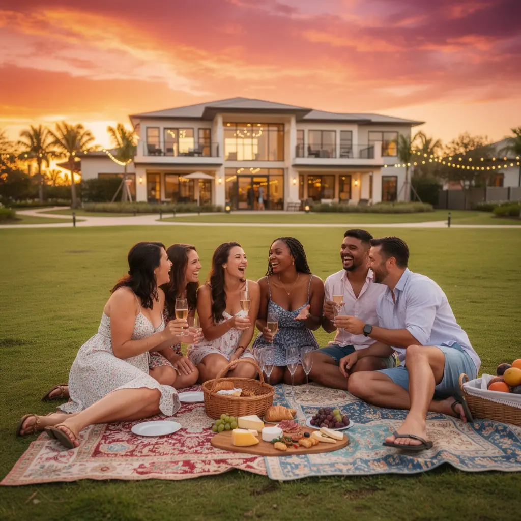 Современный дом для аренды с видом на бассейн и зелёные насаждения.