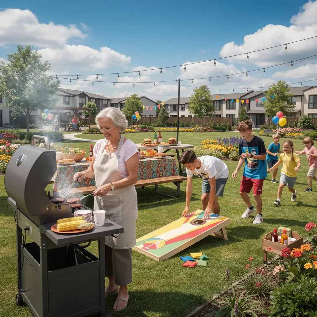 Уютная гостиная с удобной мебелью и большими окнами, пропускающими свет.