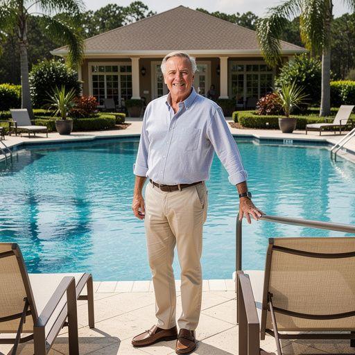 Бассейн с шезлонгами и зоной для отдыха на солнечном берегу.